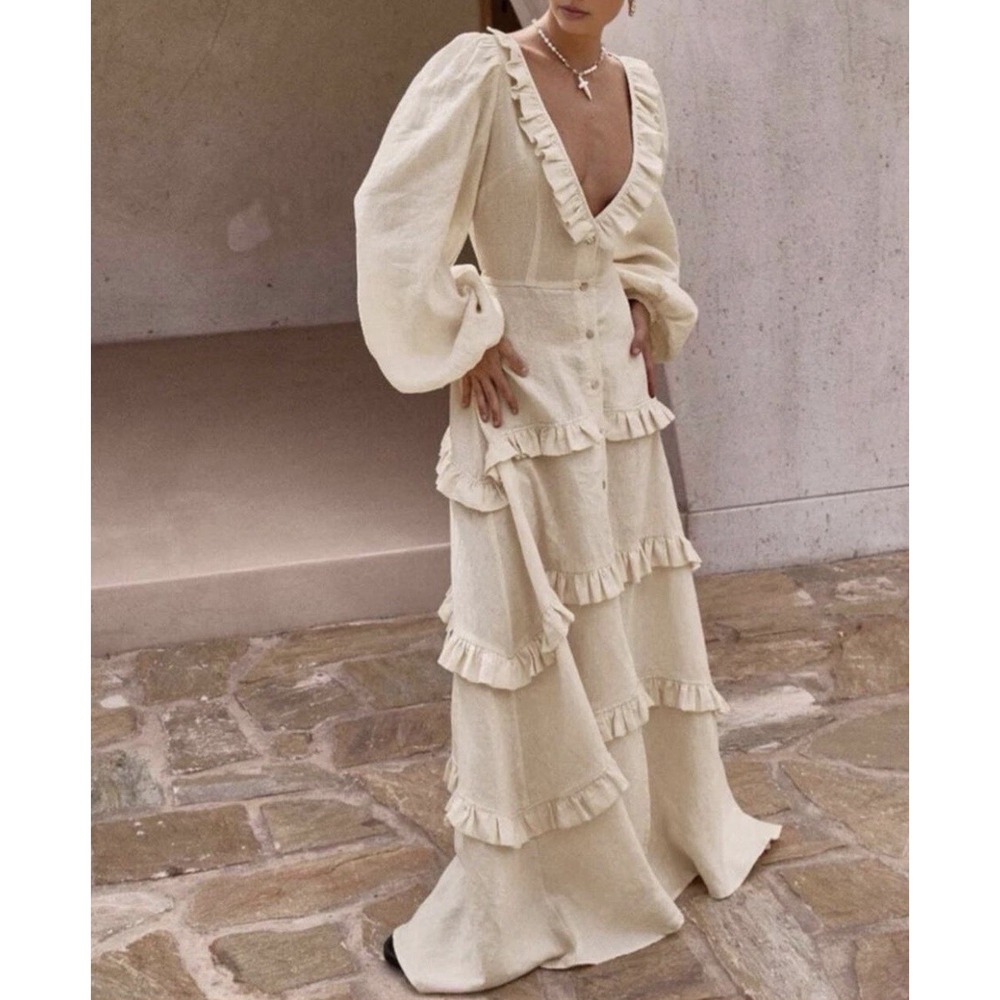 Commense Ivory Ruffle Tiered Long Sleeve Maxi Dress - Picture 2 of 13